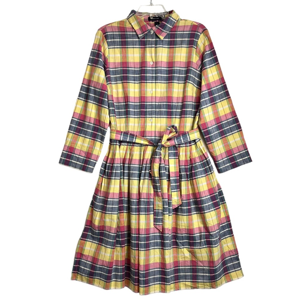 Lands' End Shirt Dress Womens 12 Madras Plaid Belt Cotton Pleated 3/4 Sleeve